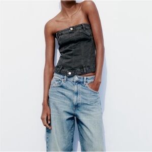 Zara Corset Style Denim Top Black Jean Top Strapless Back Zip Sz Large